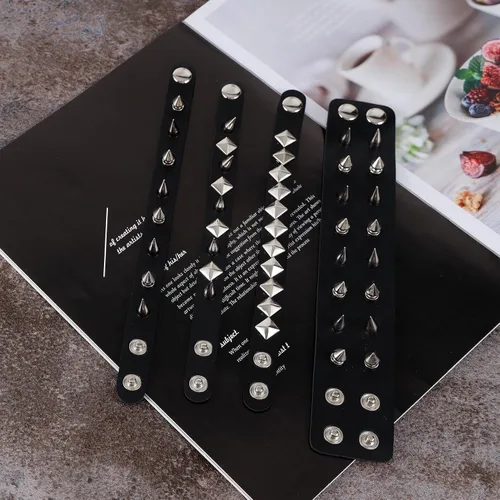 Miniatura 3 de Manfnne - Pulsera de cuero punk, gótica, con joyas de roca tachonadas de metal