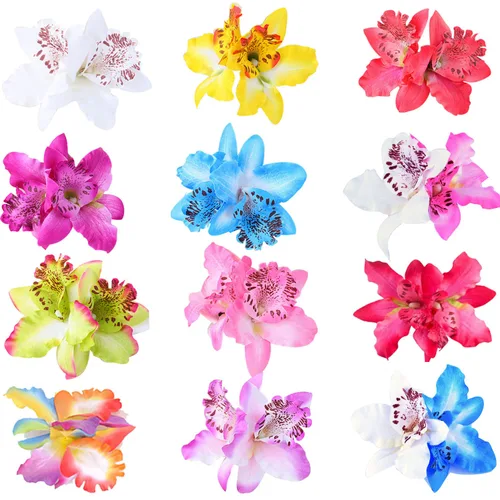 Lawie Paquete de 12 pinzas para el pelo de orquídeas artificiales de seda falsas, pasadores florales con broches de cocodrilo, piezas de cabello