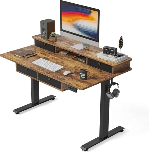Miniatura 8 de FEZIBO Escritorio de pie de 48 x 24 pulgadas con altura ajustable, escritorio eléctrico de pie con doble cajón, escritorio de oficina en casa con 4