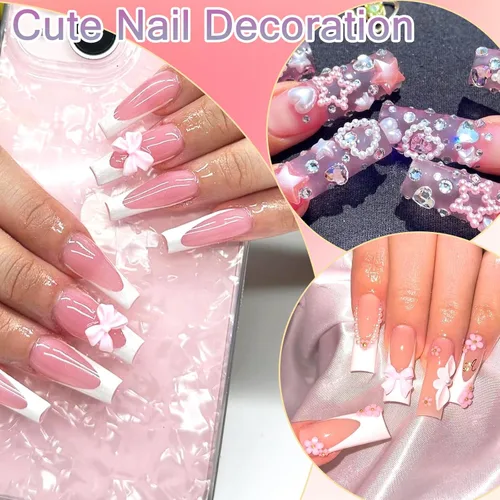 Miniatura 7 de RODAKY 1000 dijes de uñas con lazo, lazo rosa y blanco, corazón, estrella, coqueta, decoración de uñas, cuentas de perlas con parte trasera plana