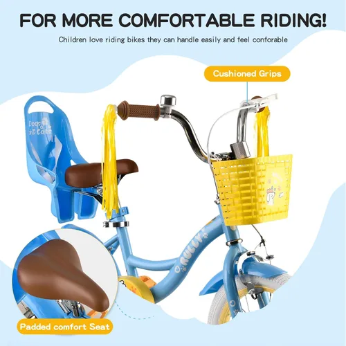 Miniatura 3 de RULLY Bicicleta para niñas de 12, 14, 16 pulgadas, con cesta de asiento de muñeca y ruedas de entrenamiento para niños de 2 a 6 años Azul