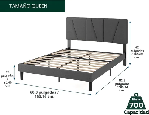 Miniatura 2 de Zinus Queen Maya - Marco de cama tapizado con cabecera asimétrica, listones de madera duraderos, estructura resistente, sueño sin ruido, no necesita