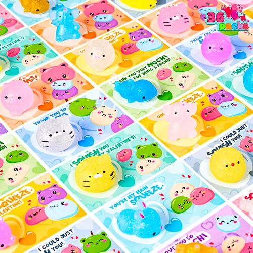 Miniatura 10 de JOYIN 36 paquetes de tarjetas de regalo para el día de San Valentín con juguetes esponjosos Mochi que brillan en la oscuridad, 9 diseños de juguetes