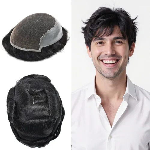 Miniatura 9 de Toupee - Sistemas de reemplazo de cabello para hombre, encaje frontal suizo, nudo blanqueado, pieza de cabello humano natural 1# negro azabache, 8 x
