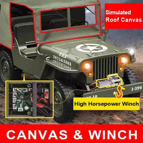 Miniatura 5 de Camión militar RC Rock Crawler, 1:10 4WD Off-Road Control remoto Jeep militar con cabrestante, lona y 2 baterías, vehículo de escalada militar todo