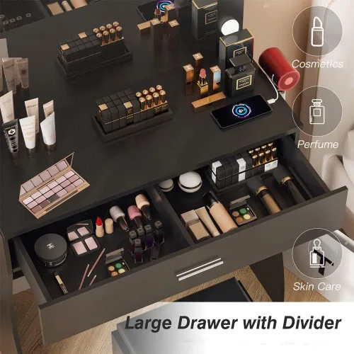 Miniatura 2 de Juego de mesa de tocador con espejo iluminado, tocador de maquillaje con estación de carga, cajón grande de madera resistente con luces, 3 modos