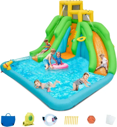 Miniatura 10 de OLAKIDS Tobogán acuático inflable, casa de rebote 6 en 1 con 2 toboganes, pared de escalada, piscina de salpicaduras, borde de baloncesto, pistola