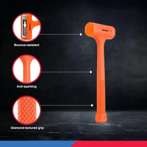 Miniatura 4 de NEIKO 02849A - Martillo de soplado muerto de 4 libras, naranja neón Moldeado unibody Agarre a cuadros Resistente a chispas y rebote