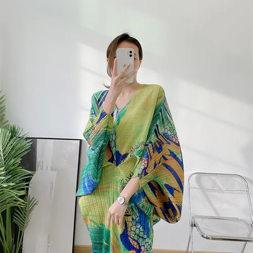 Miniatura 2 de ZYTECO Vestido plisado con estampado floral para mujer, cuello en V, manga corta, estilo dolman, casual, fluido, para invitadas de boda