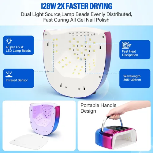 Miniatura 5 de Lámpara de uñas LED UV, inalámbrica, luz UV recargable portátil de 128 W para uñas de gel, secadora de luz de gel profesional con sensor automático