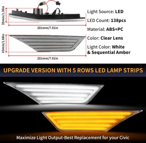Miniatura 7 de Gempro Switchback - Luces LED laterales de repuesto secuenciales para Honda Civic 2016-2021, color blanco y ámbar dinámico para parachoques Lente