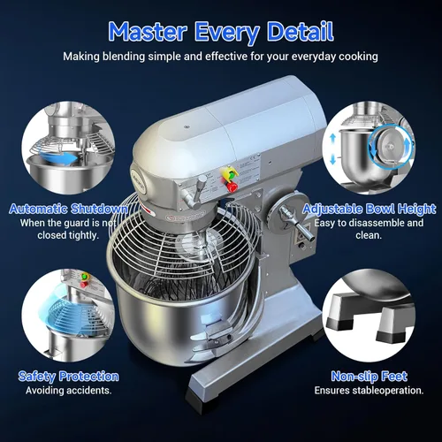 Miniatura 6 de Mezclador comercial de alimentos de 30 cuartos de galón, 1250 W, mezclador comercial de 3 velocidades ajustable con función de temporizador, Plateado