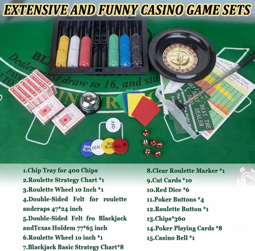Miniatura 7 de Set de Juego de Casino Premium 5 en 1: Kit de Juego de BlackJack/Ruleta/Dados/Texas Holdem/Póker con 360 Fichas+8 Mazos de Cartas+Rueda de Ruleta+2