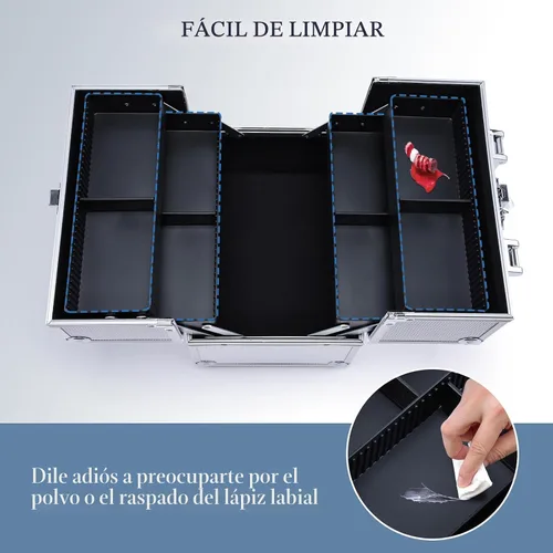 Miniatura 7 de FRENESSA Estuche de Tren para Maquillaje, Caja Organizadora de Cosméticos Portátil con Candado, Estuche de Viaje para Maquillaje con 4 Bandejas