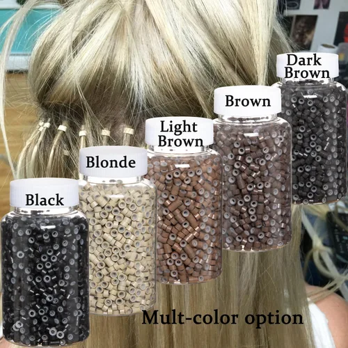 Miniatura 4 de 2500 piezas de cuentas de extensión de 5 mm negras, anillos micro con revestimiento de silicona, microenlaces punta I para extensiones de cabello