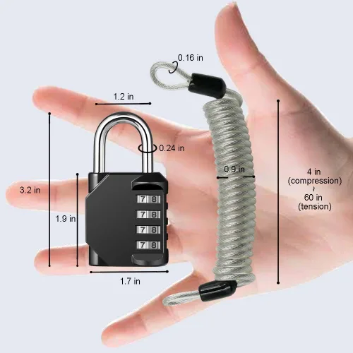 Miniatura 2 de Candado de combinación de 4 dígitos impermeable para exteriores con cable de acero para casillero de gimnasio, casco, puerta, valla, equipaje Negro