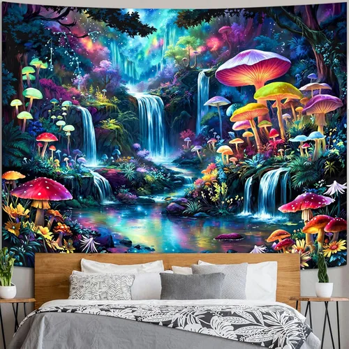 Miniatura 24 de Zussun Tapiz de hongo rojo, tapices de luna y estrella para dormitorio, estética de color beige, noche estrellada, planta verde, tapiz de pared