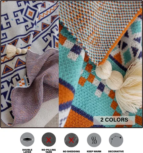 Miniatura 2 de Manta bohemia para el hogar, suave y que no se desprende, azul y naranja, acogedora manta ligera para todas las estaciones para uso en interiores