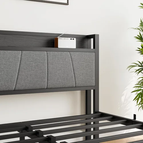 Miniatura 6 de BOFENG Base de cama Queen con cabecero, base de cama tapizada de metal con estación de carga, marco de cama tamaño Queen con almacenamiento,