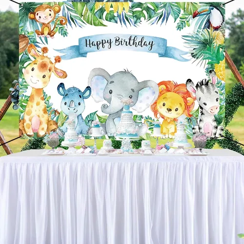 Miniatura 6 de Renaiss Cartel de feliz cumpleaños de 6 x 3.6 pies, decoración de fiesta infantil de animales salvajes de safari, selva tropical, decoración