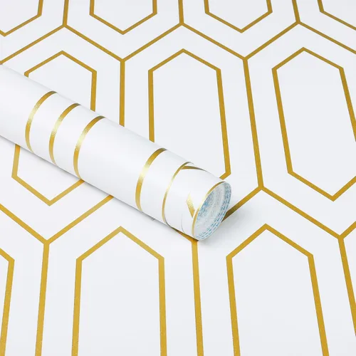 Miniatura 13 de Safiyya Papel tapiz para despegar y pegar, papel de contacto geométrico blanco y dorado, texturizado moderno, autoadhesivo, extraíble