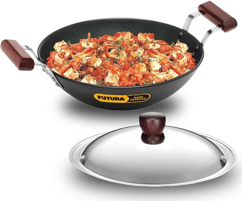 Futura freidora con anodizado duro (Kadhai) con tapa de acero y parte inferior plana, Negro