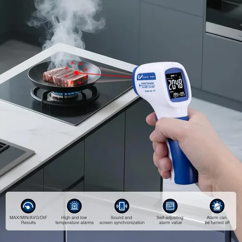 Miniatura 9 de Ring Laser DS20: 1 termómetro infrarrojo pistola de temperatura con carne, pistola térmica con emisividad ajustable y alarma alta/baja, ± 1% de Azul