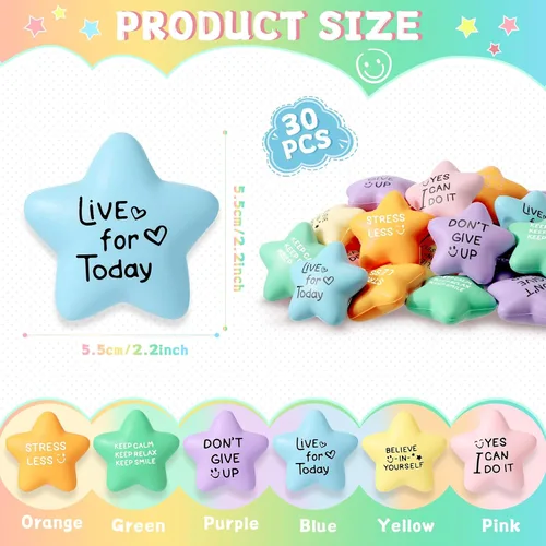Miniatura 2 de Libima 30 bolas motivacionales para el estrés con forma de estrella a granel de 2.2 pulgadas, coloridas bolas de espuma para aliviar la ansiedad