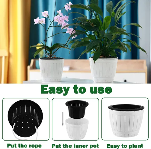 Miniatura 4 de Planterhoma Paquete de 3 macetas de riego automático para plantas de interior, macetas de plástico de 7.1 pulgadas, color blanco
