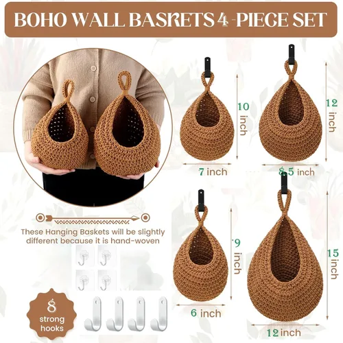 Miniatura 3 de Paquete de 4 cestas colgantes de frutas para cocina, cesta bohemia para colgar en la pared con 8 ganchos fuertes, cesta colgante 100% tejida a mano