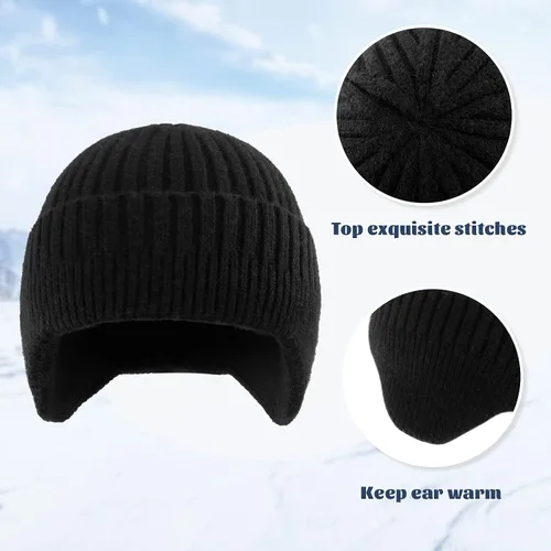 Miniatura 2 de POXIMI Gorro de punto para hombre, con orejera, para invierno, de lana, cálido, con calavera, con calentador de orejas