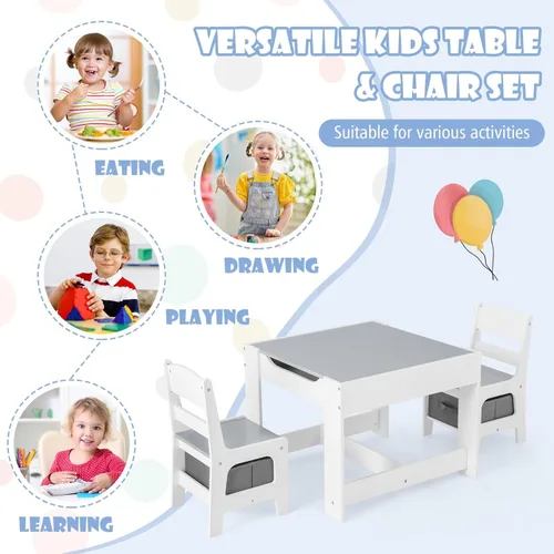 Miniatura 8 de HONEY JOY Mesa y sillas para niños, juego de actividades de madera 3 en 1 con almacenamiento, mesa desmontable, para arte, manualidades, dibujo, Gris