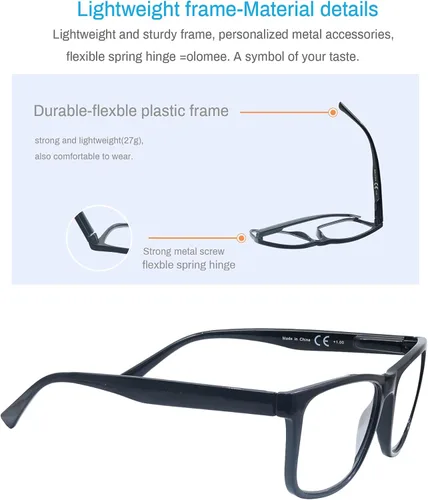 Miniatura 4 de Gafas de lectura 1.50 de gran tamaño cuadradas para hombres lectores marco negro paquete de 4, anteojos cómodos y ligeros para leer con bisagra