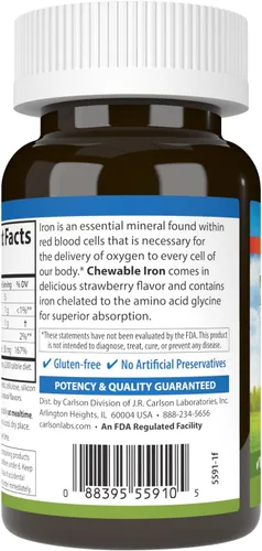 Miniatura 3 de Carlson - Hierro masticable, 30 mg, absorción superior, salud de la sangre, producción de energía y bienestar óptimo, sabor natural a fresa, 60