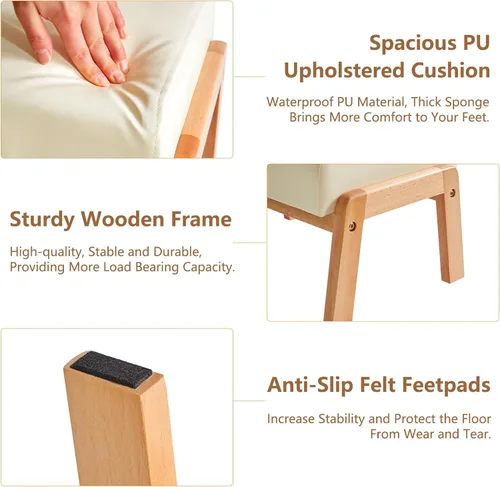 Miniatura 5 de IBUYKE Taburete otomano pequeño de 10.2" de altura, reposapiés rectangular de cuero sintético PU con asiento acolchado y patas de madera, otomano