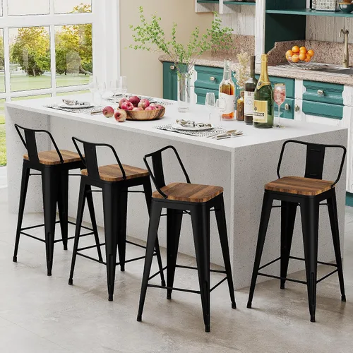 Andeworld Bristro - Juego de 4 taburetes de bar de metal para mostrador de cocina, taburetes de bar industriales (24 pulgadas, color negro con