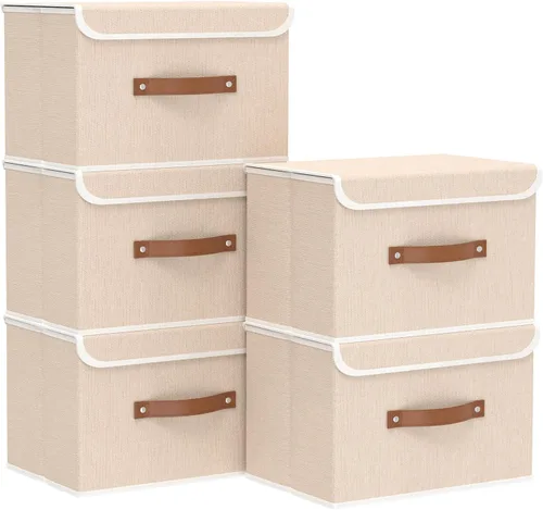 Miniatura 33 de Yawinhe SNK024BEN-1 Cajas de almacenamiento plegables, cestas apilables de tela de lino, contenedor con tapa y asa de cuero, lavable, para el hogar