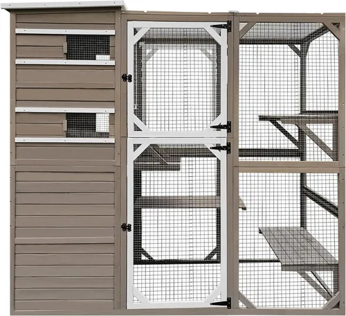 Gowoodhut Catio grandes recintos para exteriores – Casa de madera para gatos resistente a la intemperie con múltiples plataformas y techo resistente