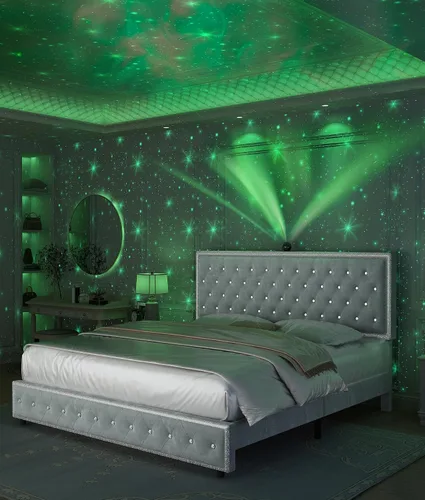Miniatura 8 de Base de cama de plataforma tapizada tamaño Queen con cabecera LED, proyector de estrellas integrado y cabecera ajustable, no necesita somier, fácil