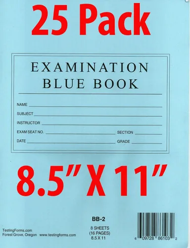 TestingForms. com 8.5" x 7" libro azul examen 8 hojas 16 páginas 10 folletos