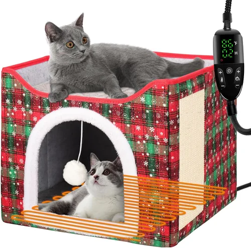 Cama Térmica para Gatos de Interior, Casa Plegable para Gatos con Almohadilla Térmica Extraíble para Gatos y Perros Pequeños, Cama Cubierta para