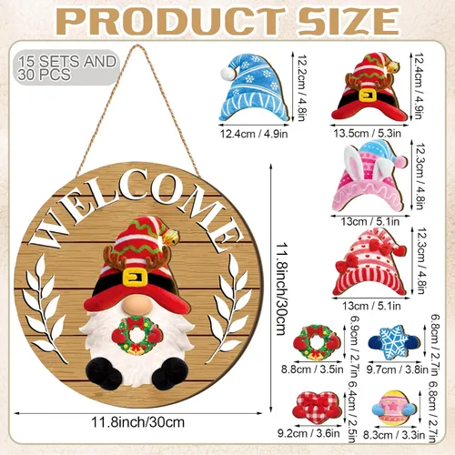 Miniatura 2 de Qunclay 31 piezas 3D de grano natural intercambiable de madera gnomo para puerta, decoraciones navideñas de gnomo con piezas magnéticas y sombreros