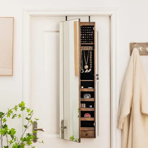 Miniatura 25 de Giantex Armario de joyería para puerta de pared con espejo de longitud completa, 2 LED con cerradura grande organizador de joyas con espejo ancho