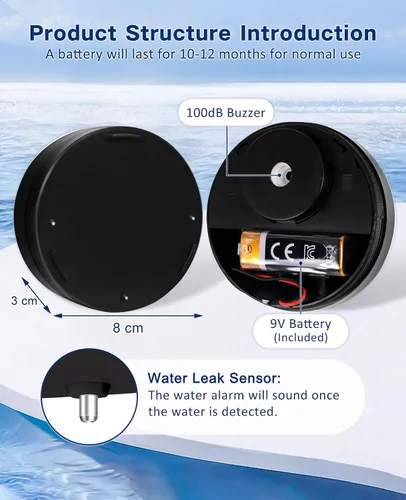 Miniatura 4 de Geevon 1 paquete de detectores de fugas de agua, sensor de agua de 100 dB, detector de inundación para sótanos, baños, lavanderías, cocinas, garajes