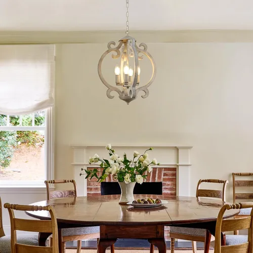 Miniatura 2 de Candelabro de Granja de 4 Luces, Candelabro de Madera Rústica Orbe Desgastado Lámpara Colgante de Estilo Campestre Francés Lámparas de Techo