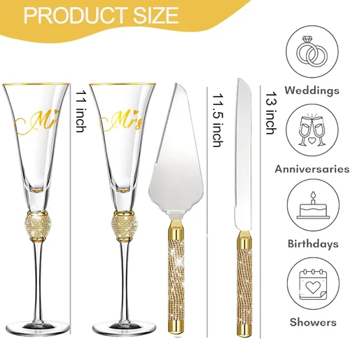 Miniatura 7 de Juego de cuchillos y servidores para tartas de boda, copas de champán Mr y Sra. Juego de corte de pastel dorado, vasos para novia y novio