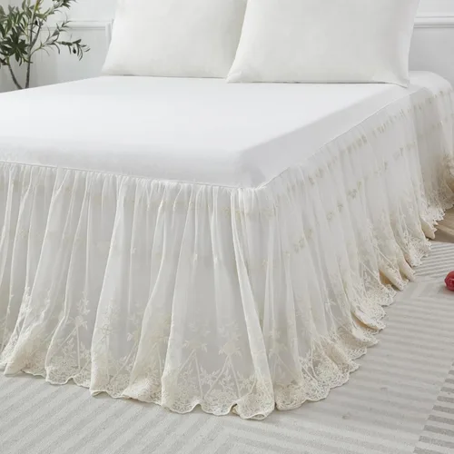 Miniatura 2 de Brandream Falda de cama tamaño queen de lujo con encaje crema y blanco de 18 pulgadas, sábanas románticas para chicas, elegante sábana con faldón