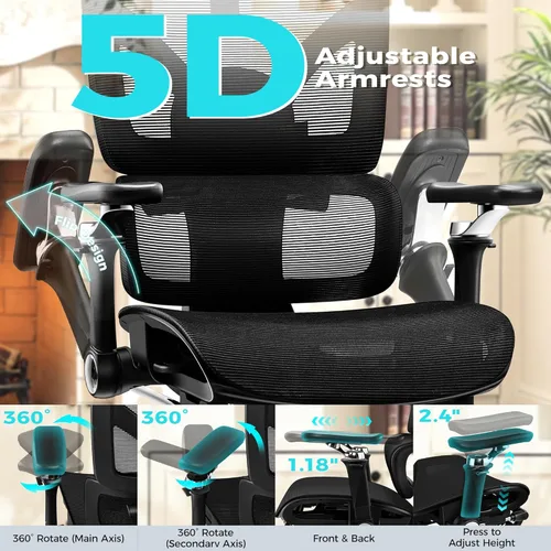 Miniatura 5 de Ergonomic Mesh Office Chair with Footrest, Big and Tall Home Desk Chair with 5D Flip-Up Arms, Adjustable Lumbar Support, Gaming & Executive Computer