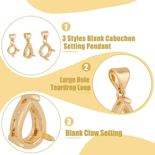 Miniatura 3 de DICOSMETIC 3 piezas de 3 estilos de garra colgante de latón cabujón colgante de 3/4 puntas bisel engastes colgantes en blanco para diamantes