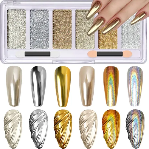 Polvo para uñas cromado oro y plata, 6 colores holográficos de unicornio, polvo cromado para uñas con efecto iridiscente, paleta de pigmento